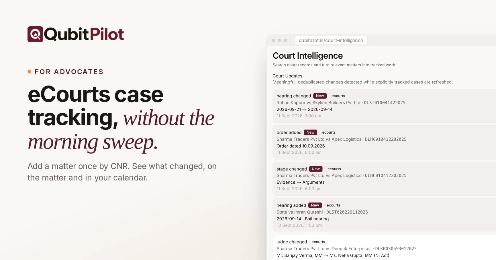 eCourts case tracking: QubitPilot court updates showing a changed hearing date, a new order and a stage change
